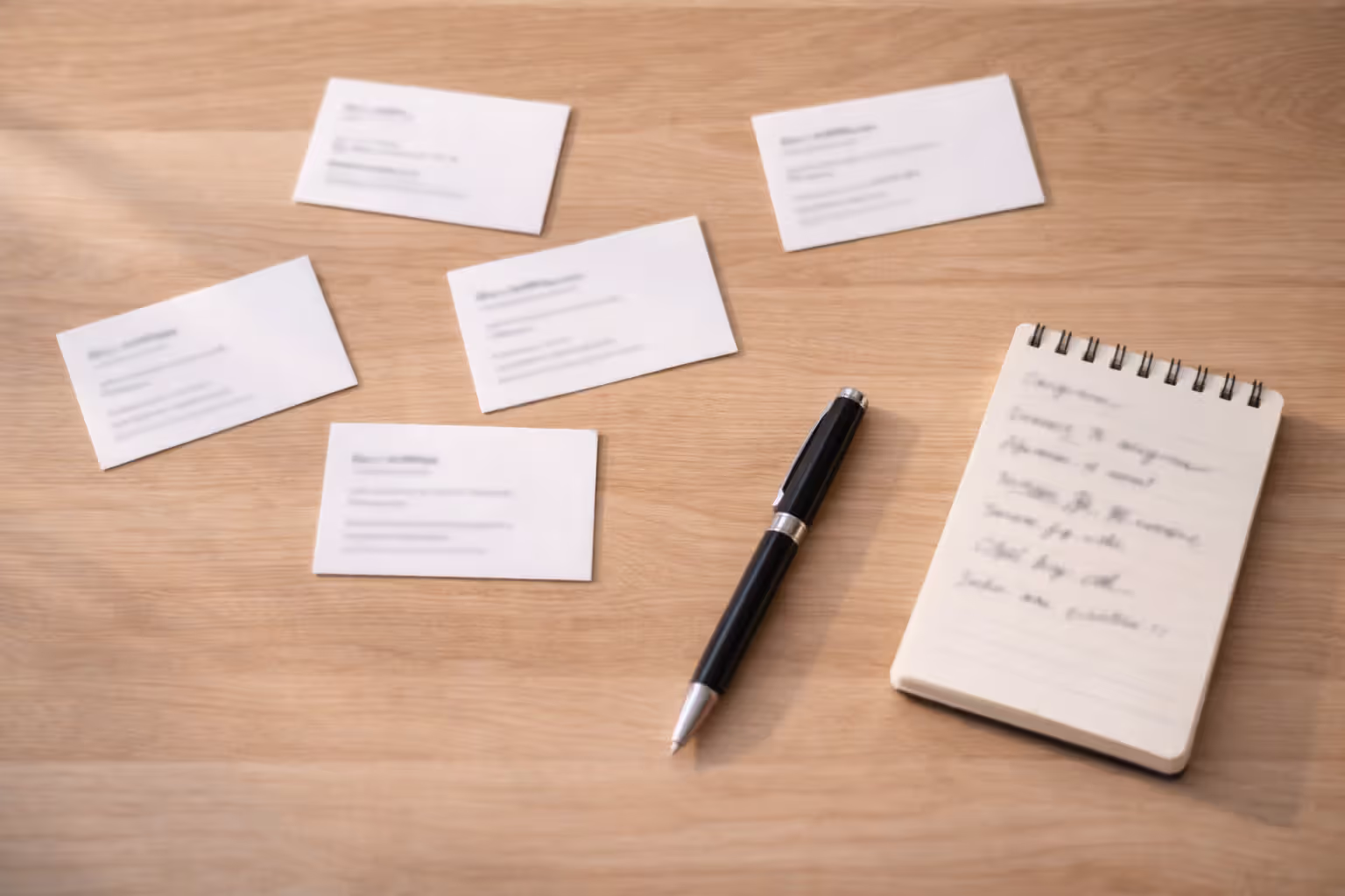 Business cards and notes from a networking event