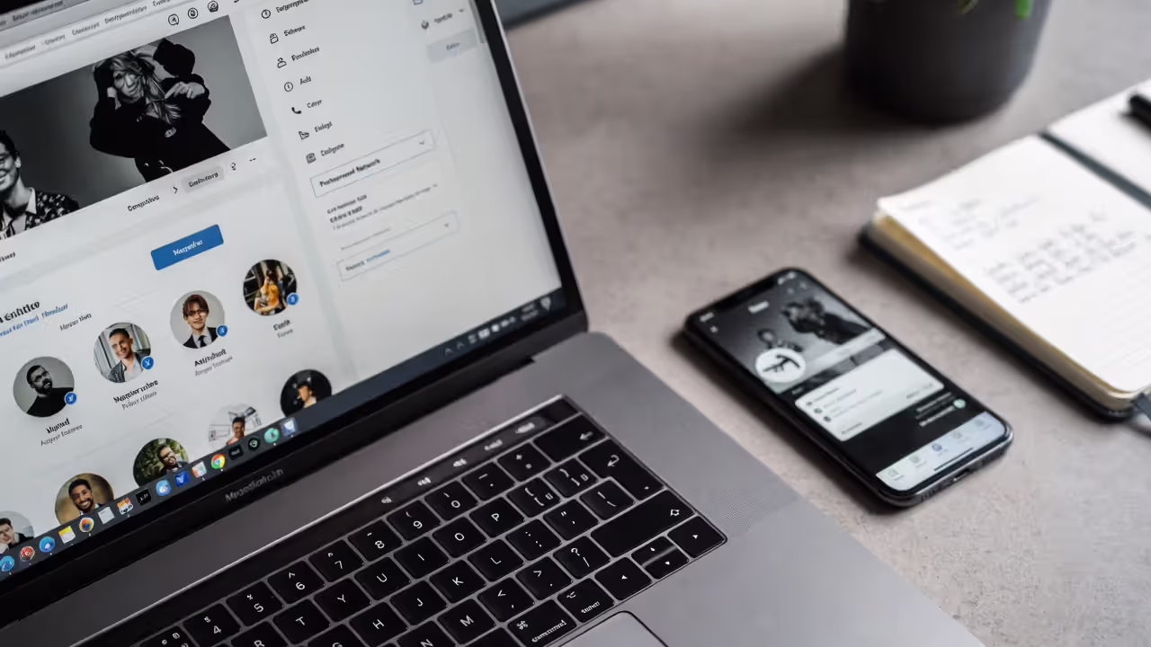 Laptop and smartphone showing blurred networking platforms on a desk