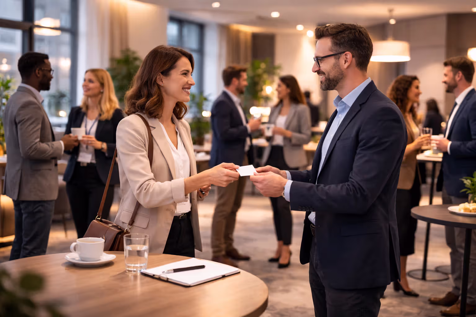 Professionals exchanging contacts at a networking event