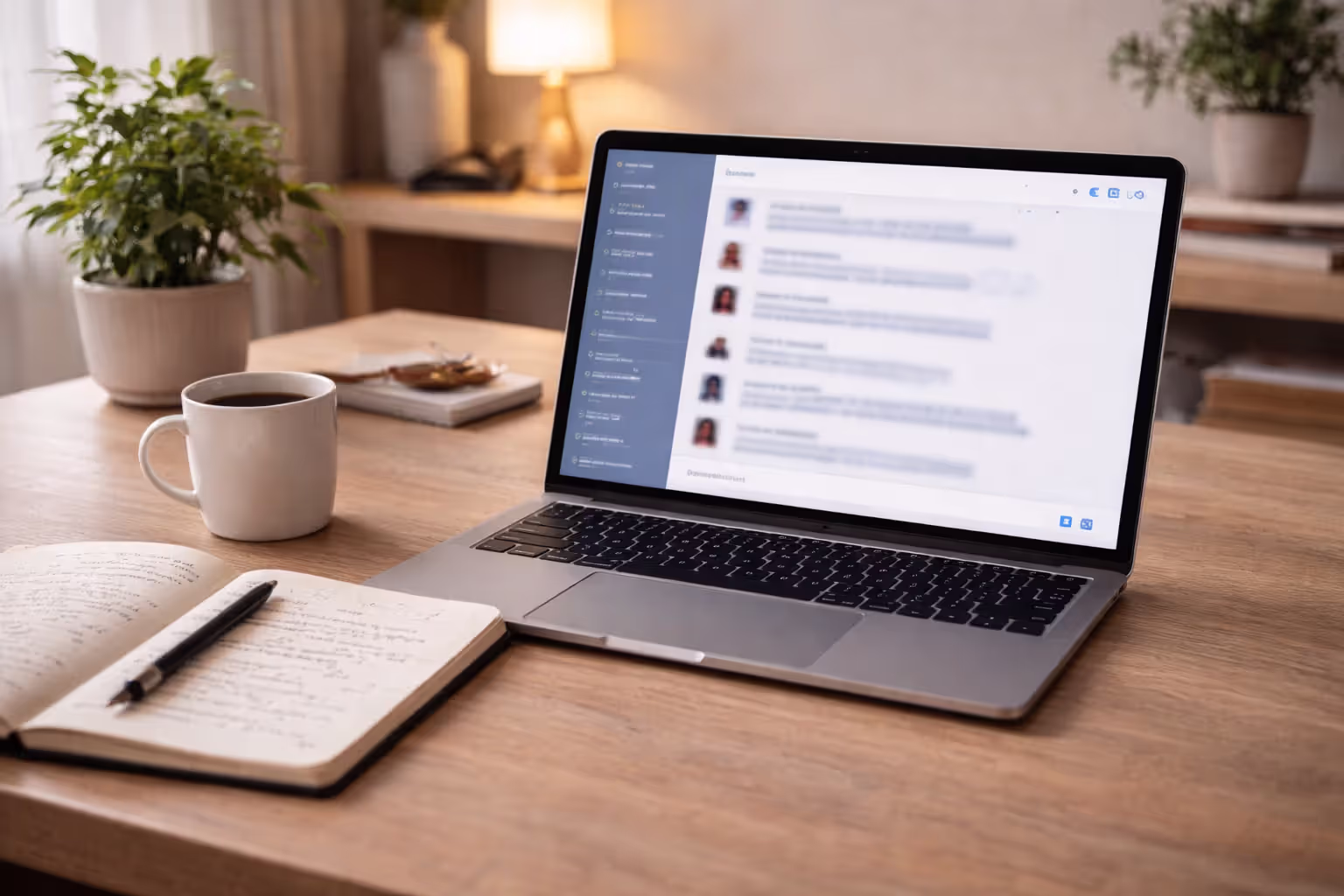 Home office setup with a laptop showing a blurred online community discussion