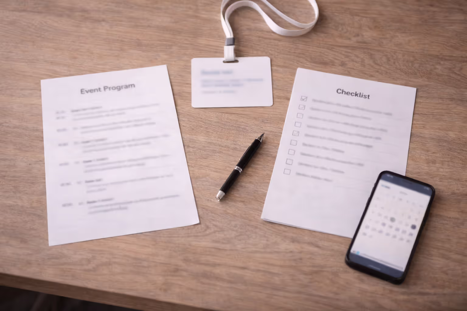 Networking preparation checklist with event agenda and calendar on a desk