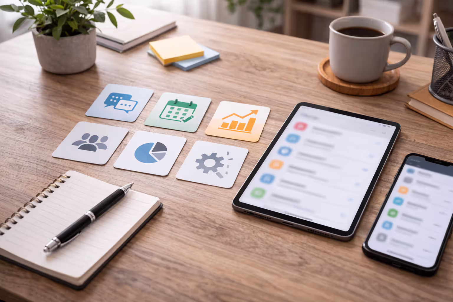 Desk with generic app tiles and a blurred phone screen suggesting multiple networking platforms