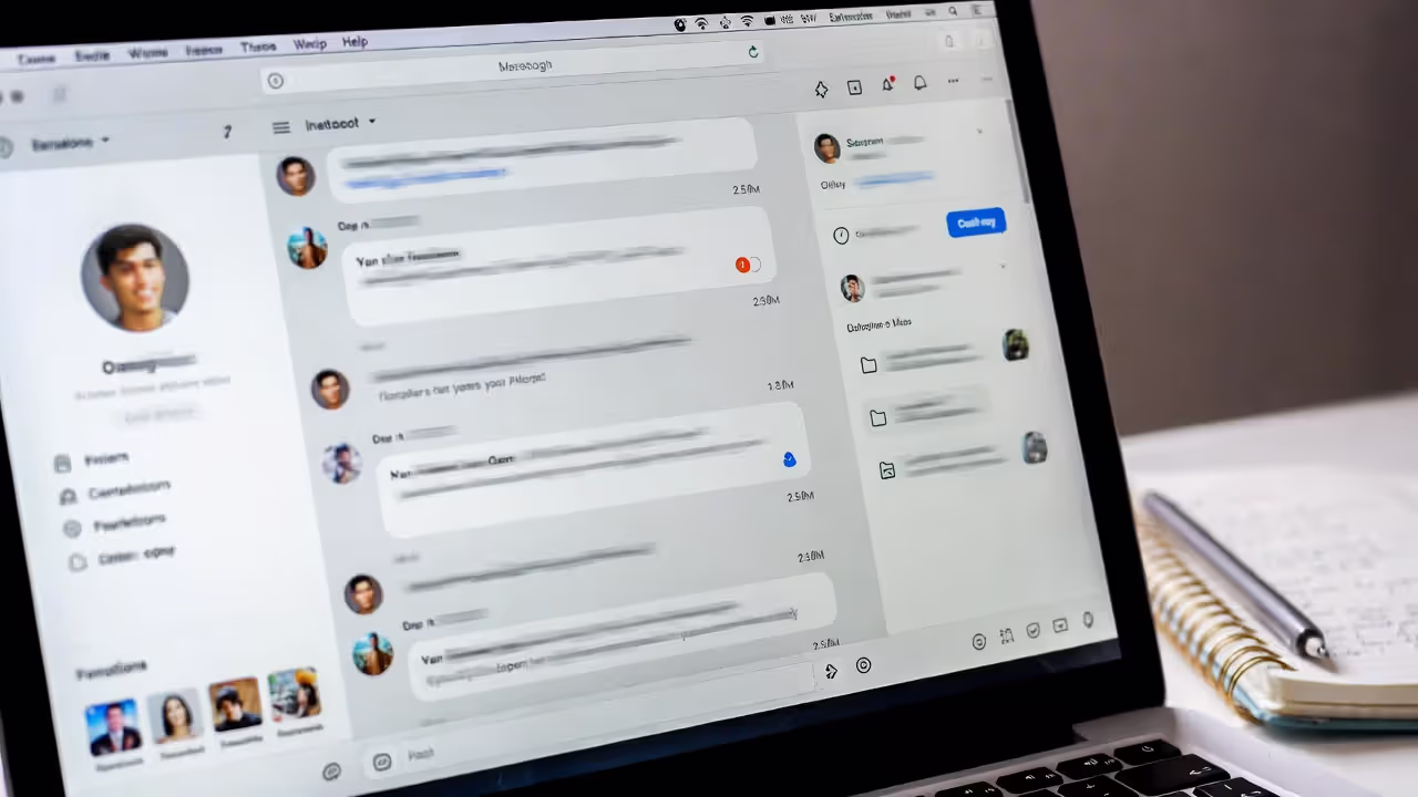 Close-up of a blurred chat interface on a laptop with threaded messages and attachments