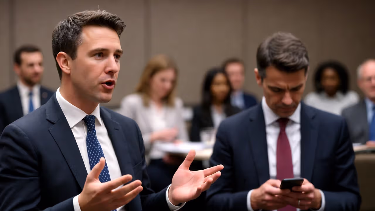 Distracted attendee checking phone during networking conversation