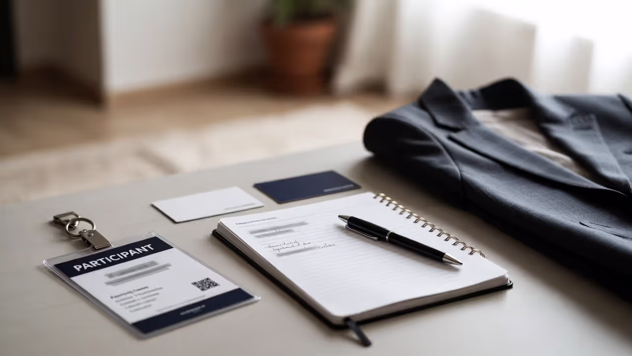 Preparing materials for a professional networking event on desk