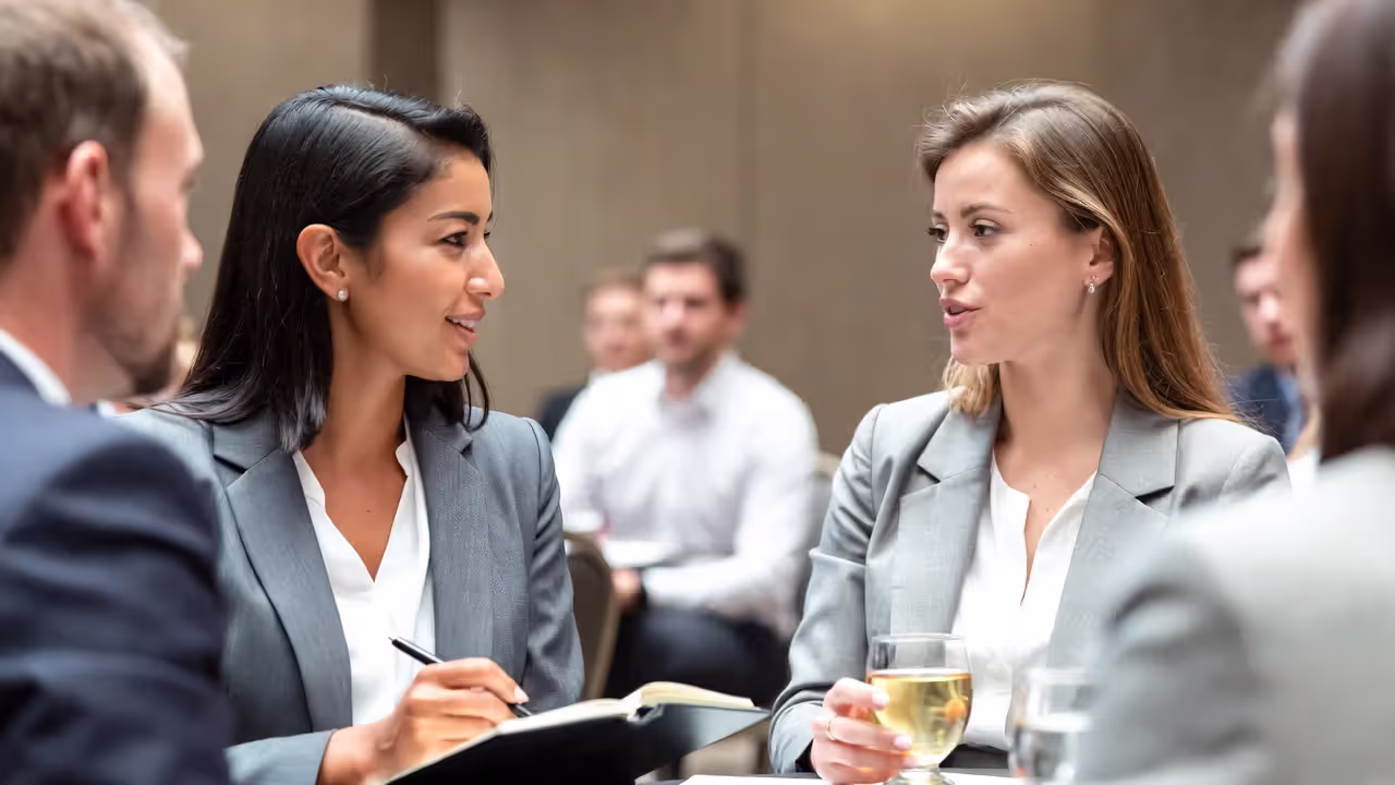 Two professionals having an authentic conversation at a networking event