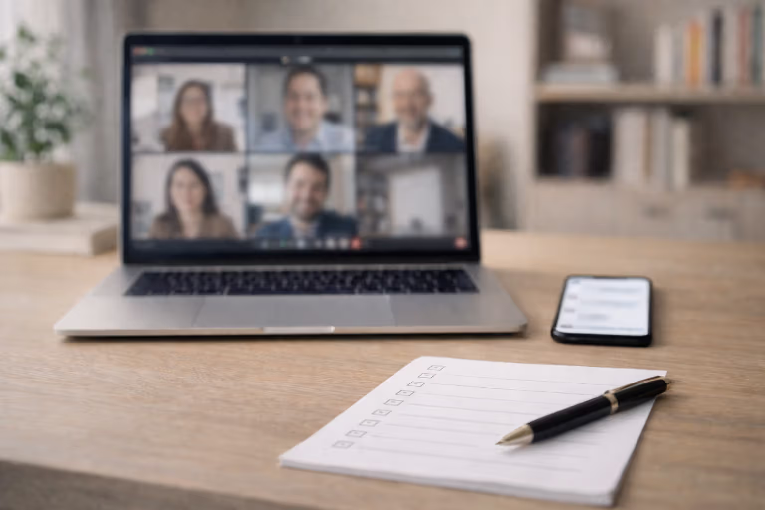 Laptop video call and phone messages on desk for virtual networking