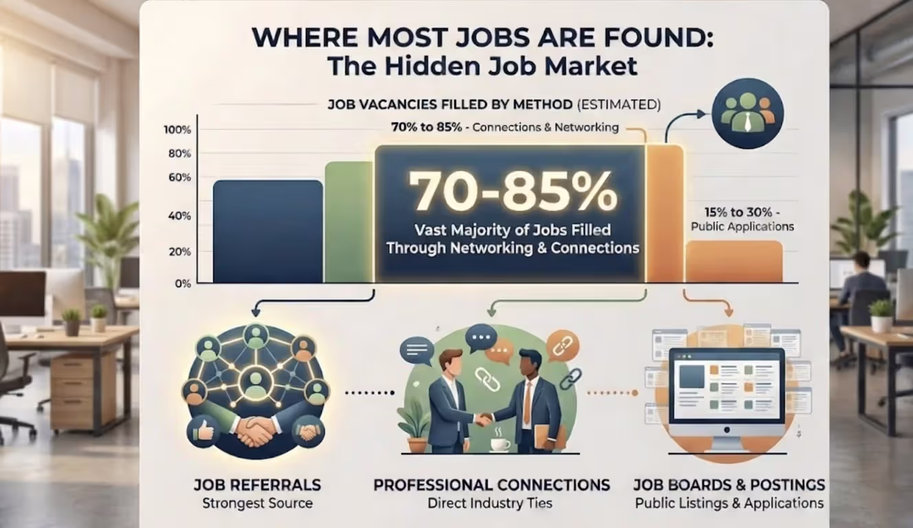 Visual showing that most jobs are filled through professional connections rather than job boards.