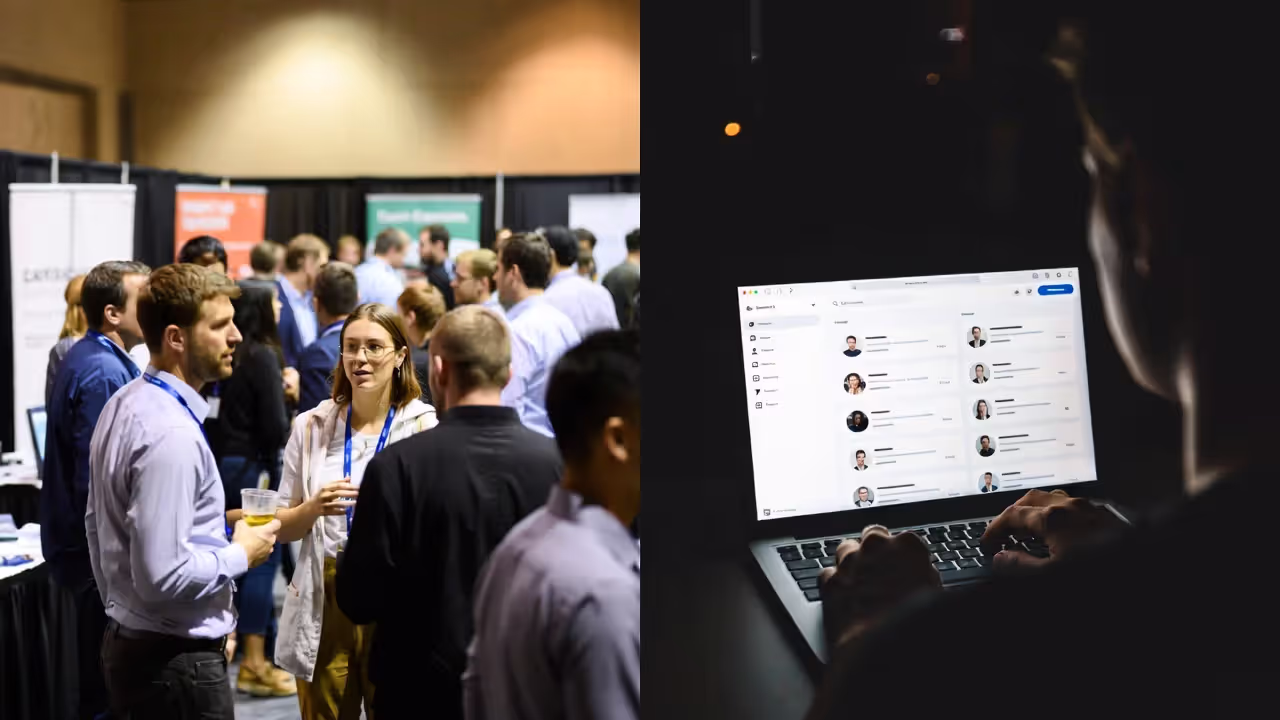 Comparison image of face-to-face networking at an event and digital networking on a laptop.