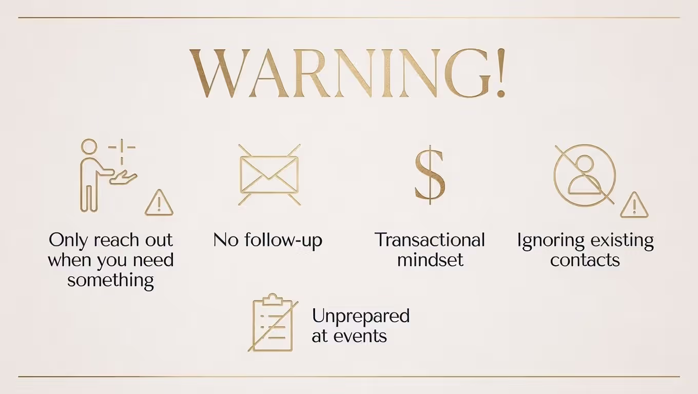 Infographic listing common networking mistakes such as failing to follow up and being transactional.