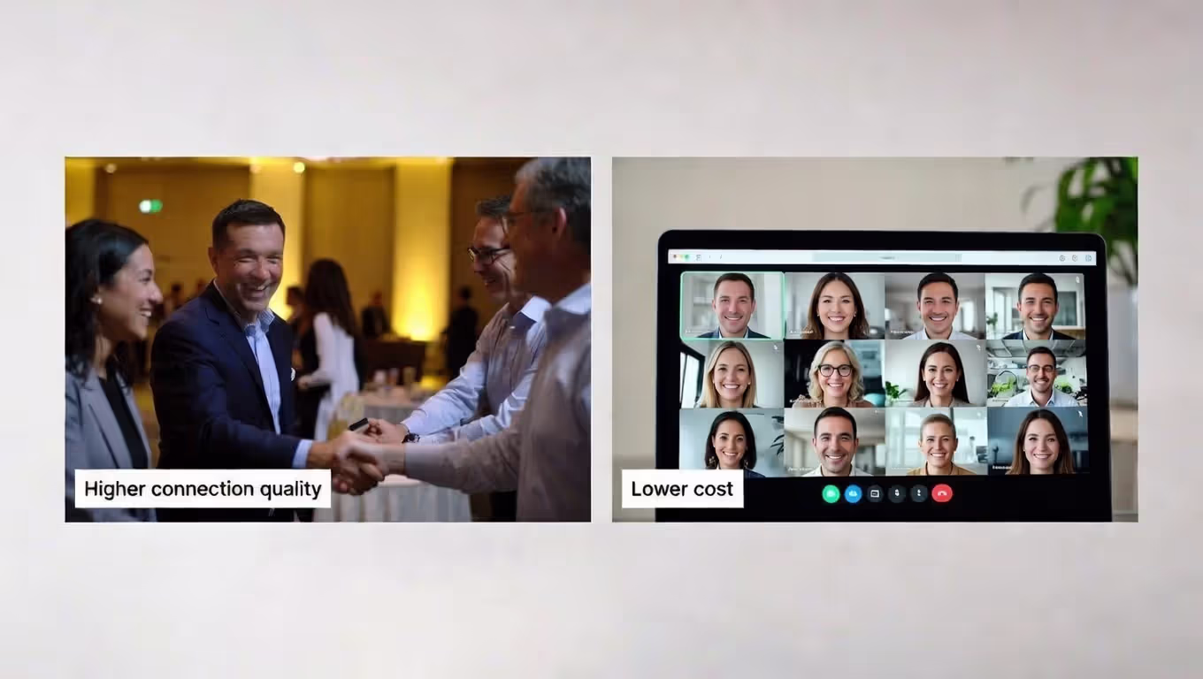 Comparison image of in-person conference networking and virtual networking on a laptop.