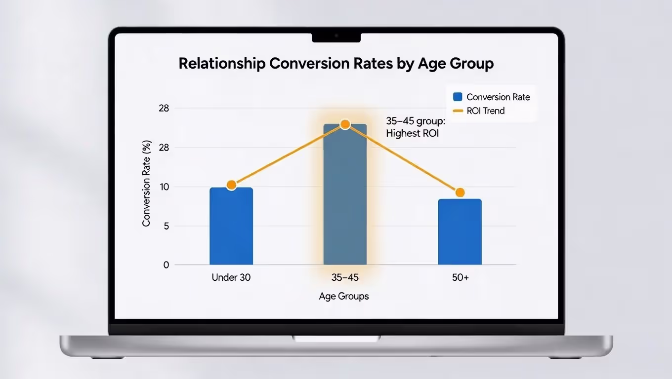 Graph showing networking success rates by age group with highest ROI for ages 35–45.