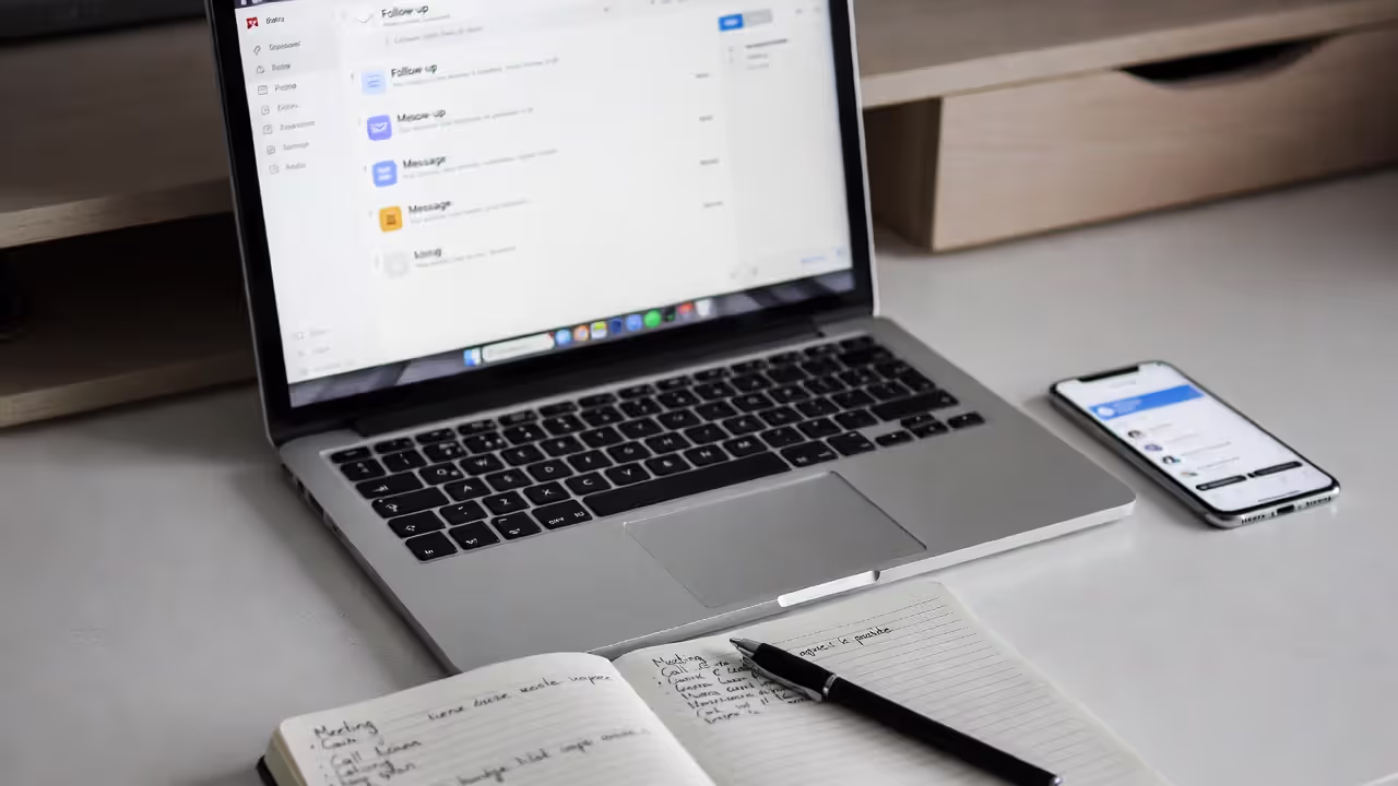 Writing a follow-up message on a laptop with notes and contacts nearby