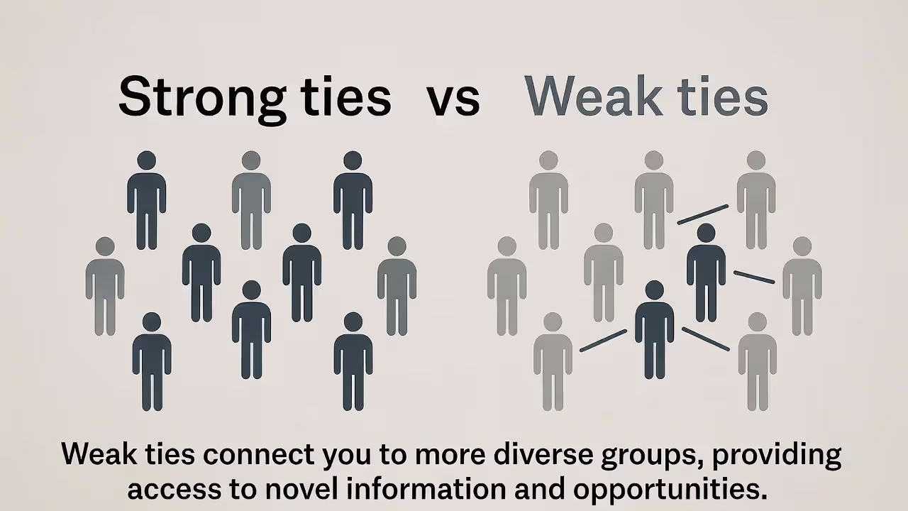 Graphic comparing strong ties and weak ties and how weak ties connect to new opportunities.