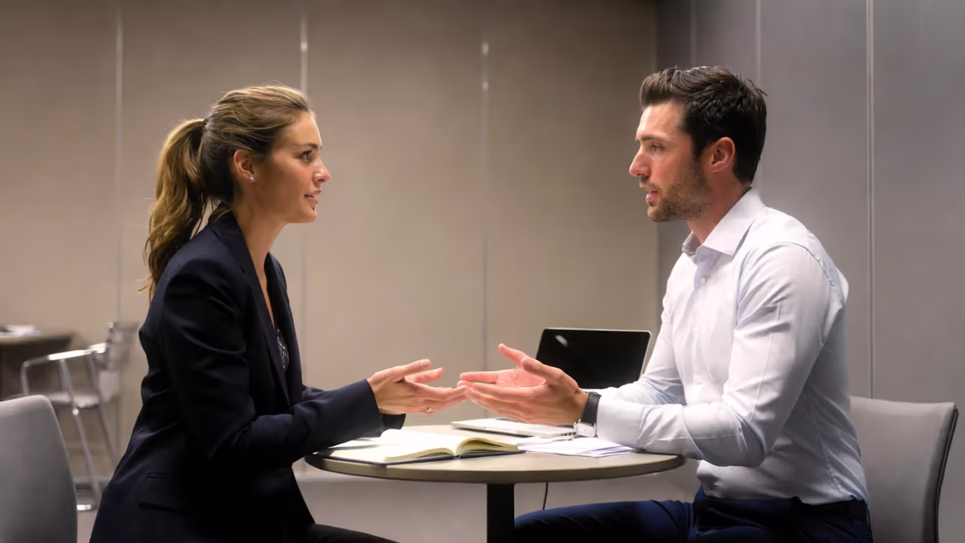 Two professionals talking at a table with a laptop and notebook in a modern office lounge.