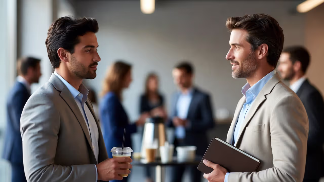 Two professionals talking face-to-face at a conference with blurred attendees behind
