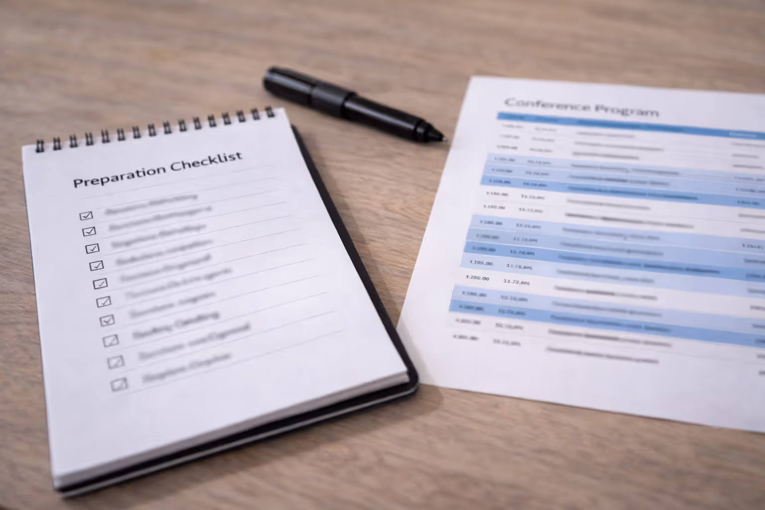 Event preparation checklist and schedule on a desk with pen and highlights