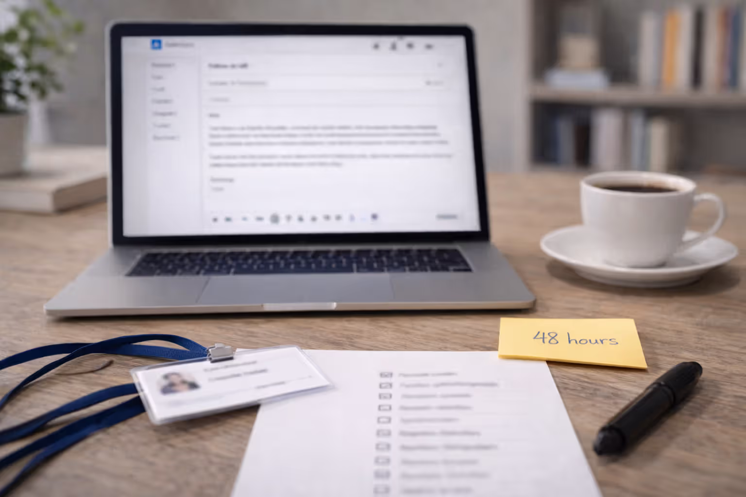 Writing a follow-up email within 48 hours with business card and notes on the desk