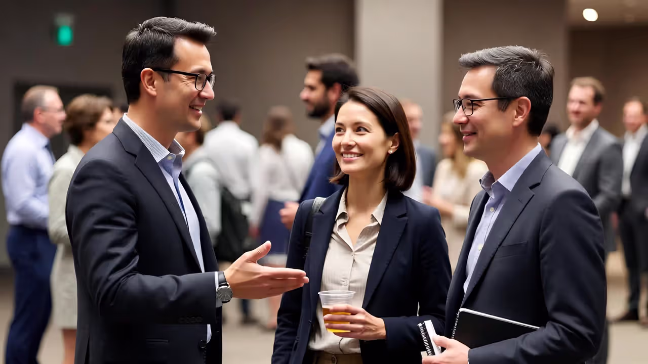 One professional introducing two others during a networking event conversation