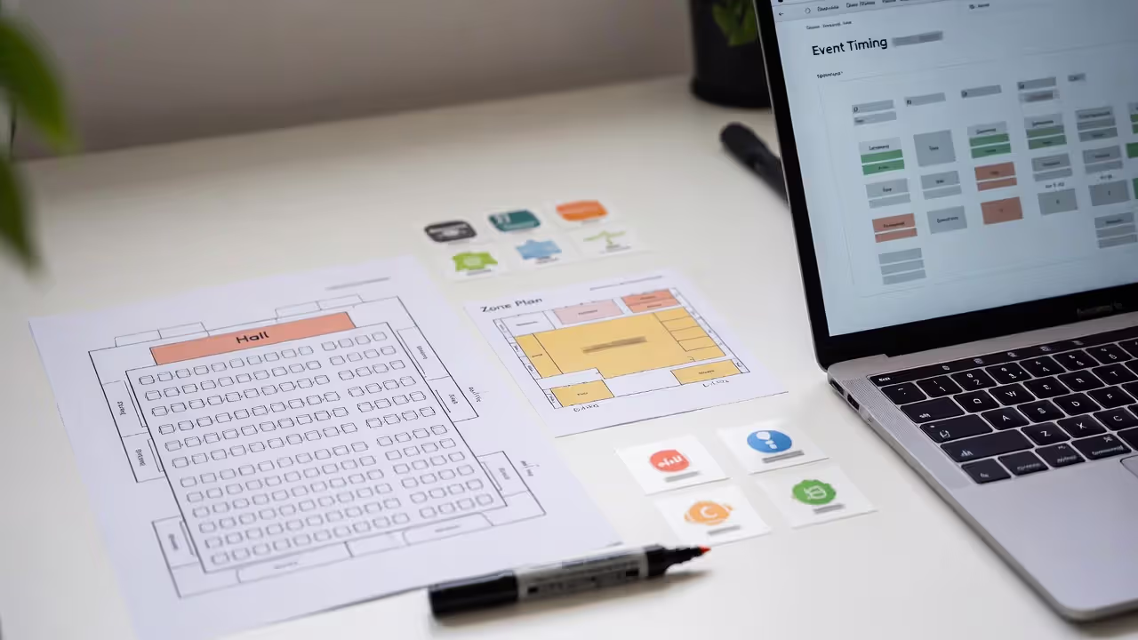 Event layout planning on a desk with a floor plan, markers, and a laptop with blurred schedule