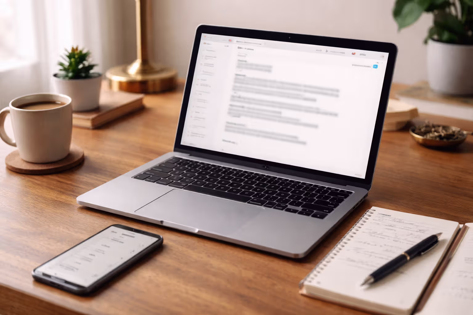 Desk setup for following up after an event with a laptop and notes, text blurred on screens