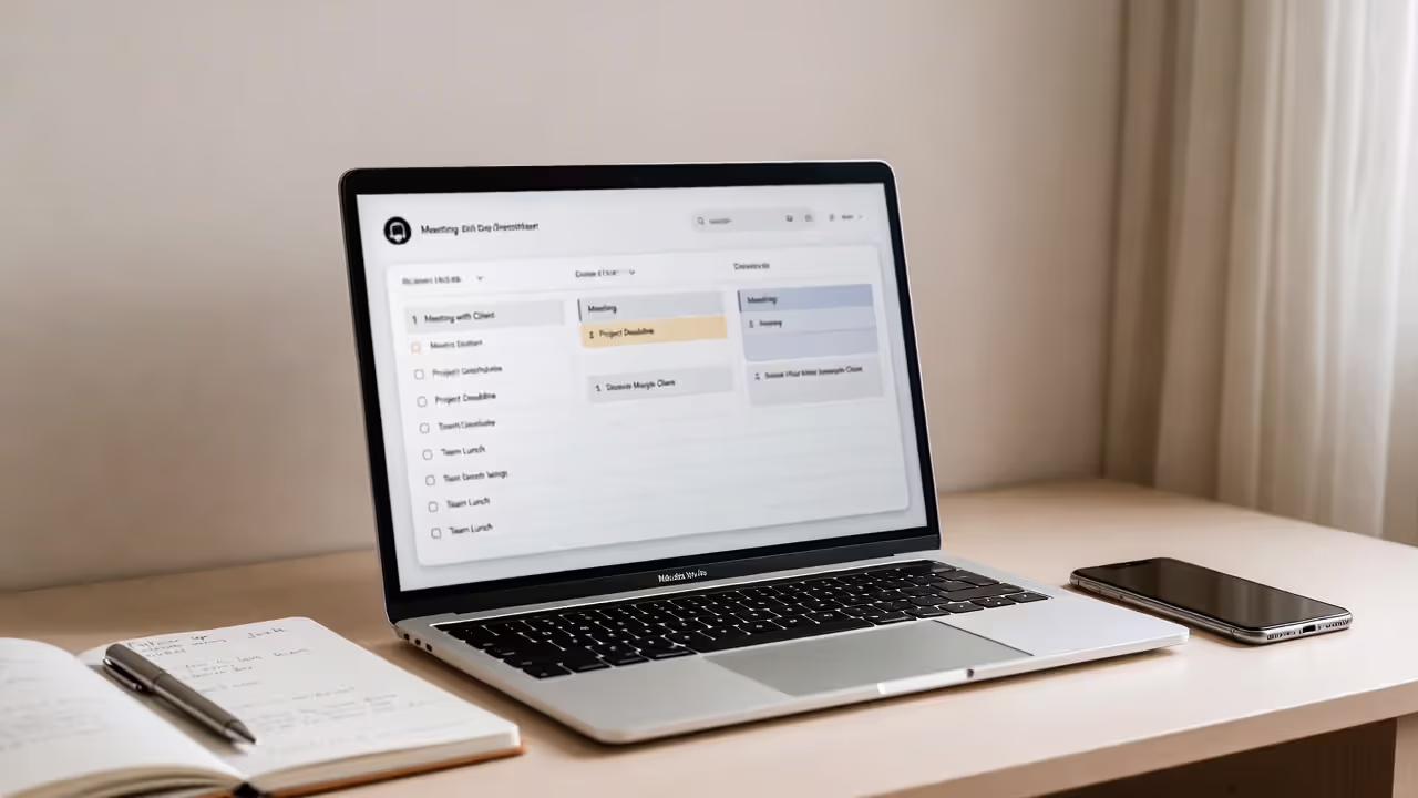 Laptop showing a blurred list of professional events on a home office desk