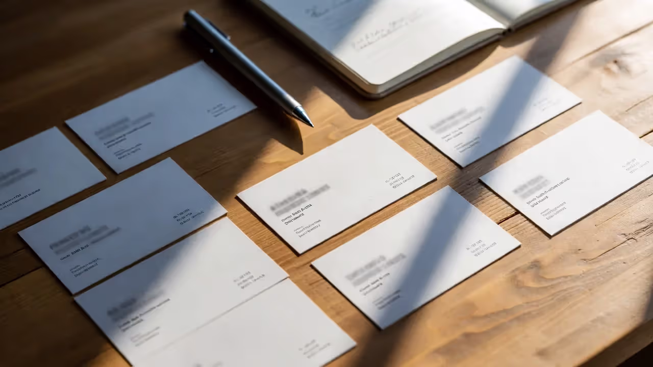 Business cards and small notebook with networking notes on a desk