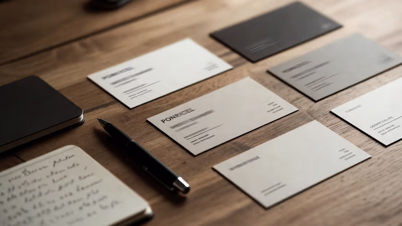 Business cards and networking notes on a wooden desk