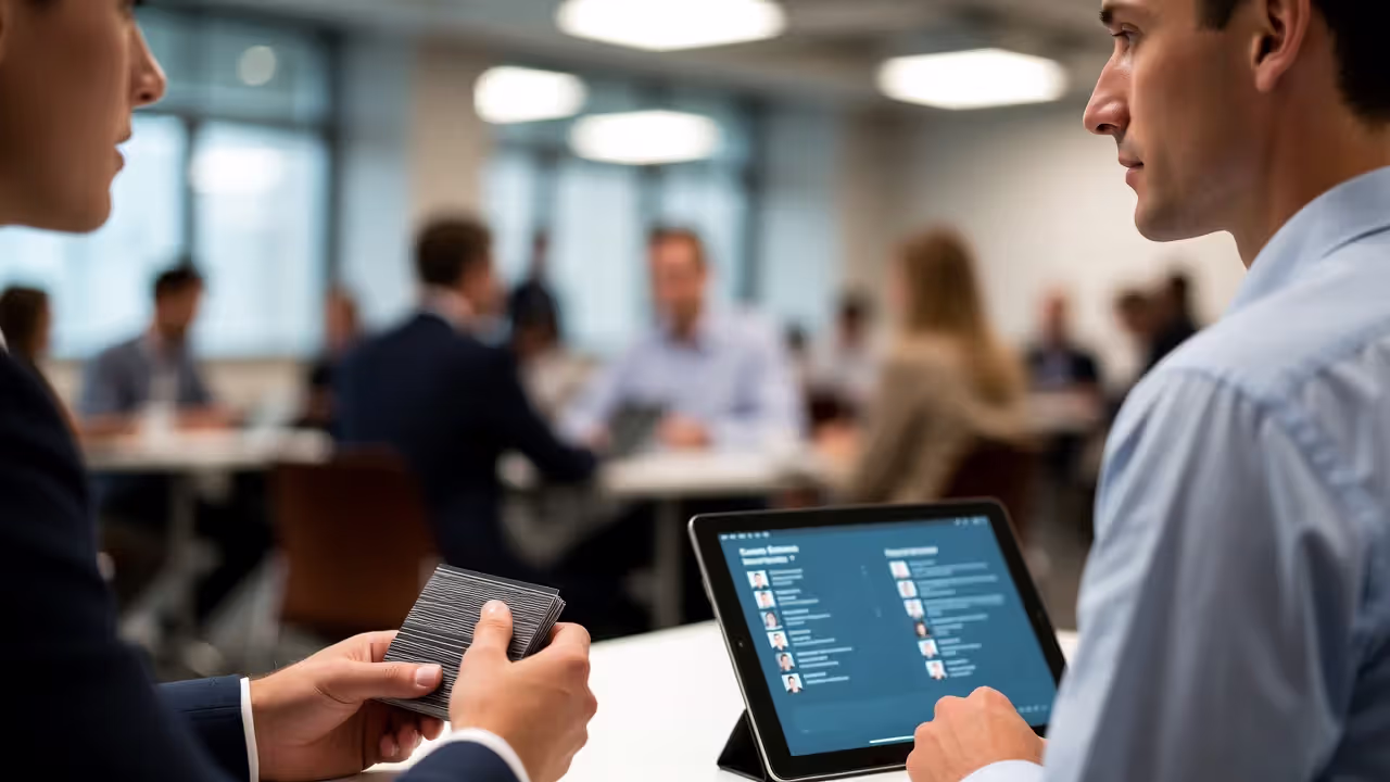 Founder collecting business cards at a crowded startup networking event