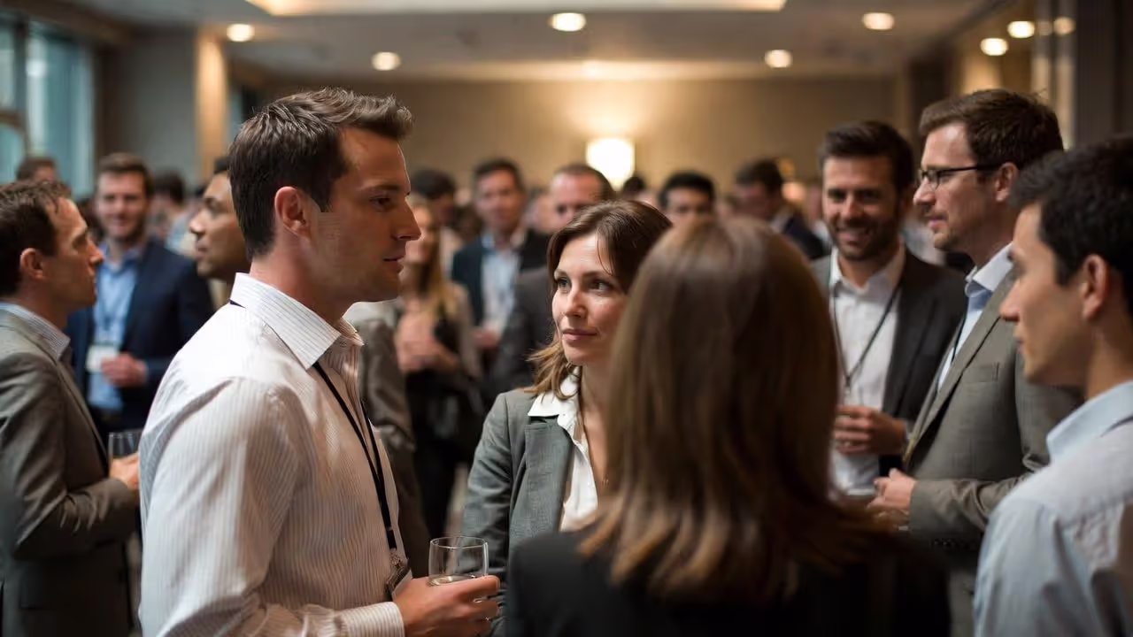 Crowded networking mixer with a professional looking drained while holding a badge