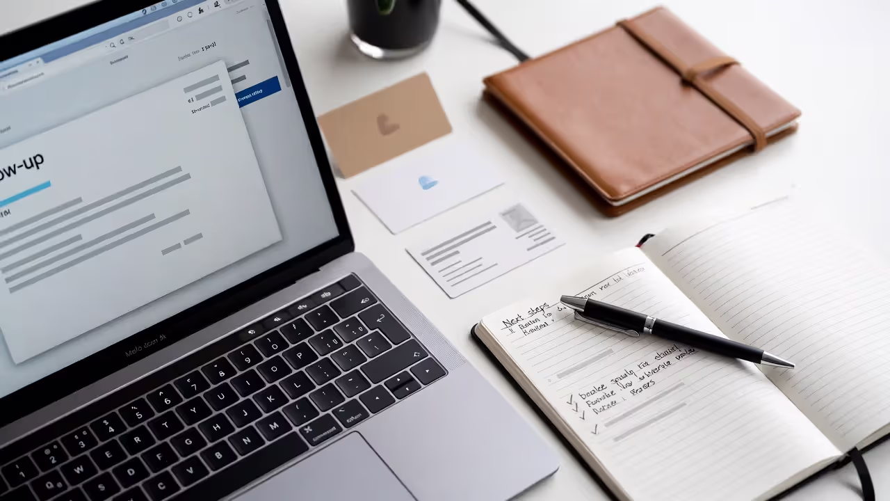 Follow-up message on a laptop next to a blank name badge and notes for next steps