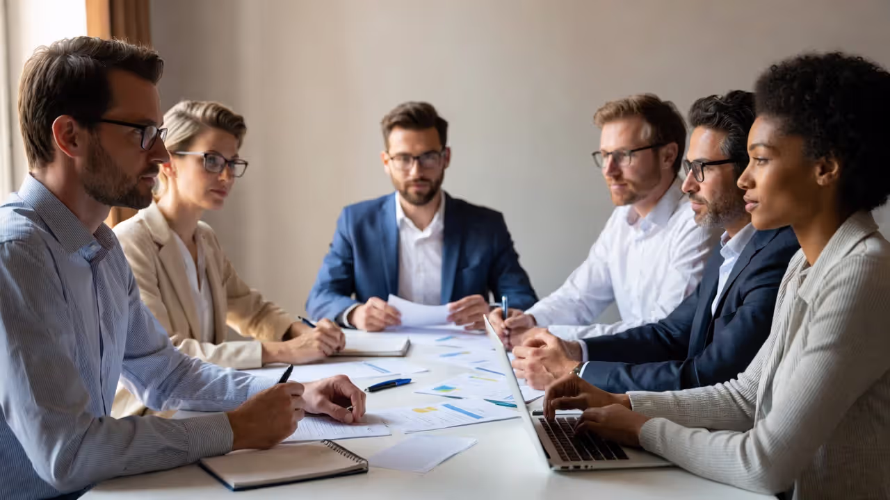Small professional group meeting and collaborating around a table