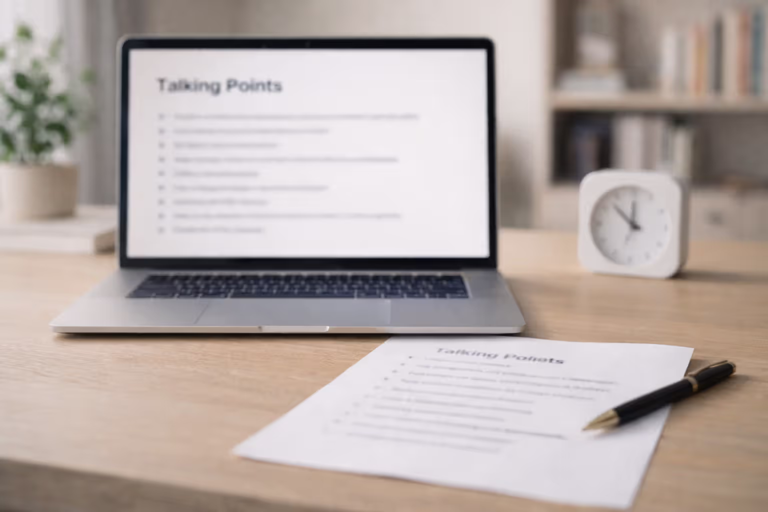 Preparing structured talking points for networking on a desk with laptop and notes