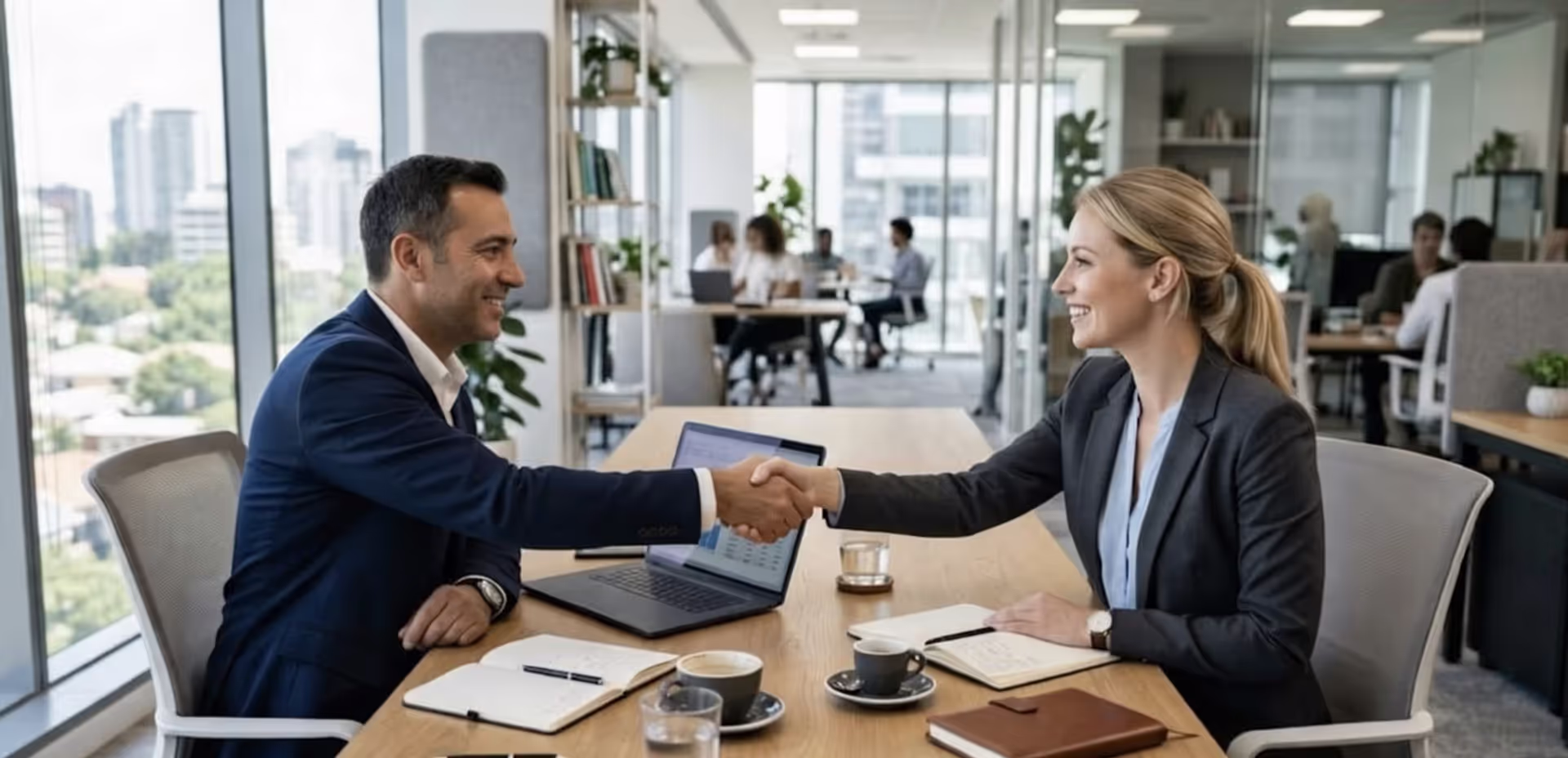 Two professionals shaking hands during a business meeting with a laptop and notebooks on the table.