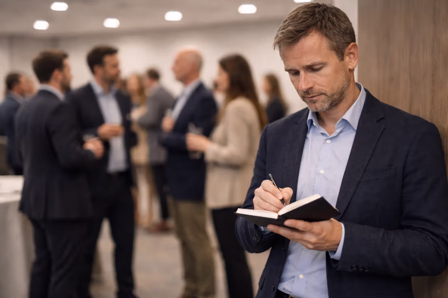 Introverted attendee taking notes while observing a busy networking crowd