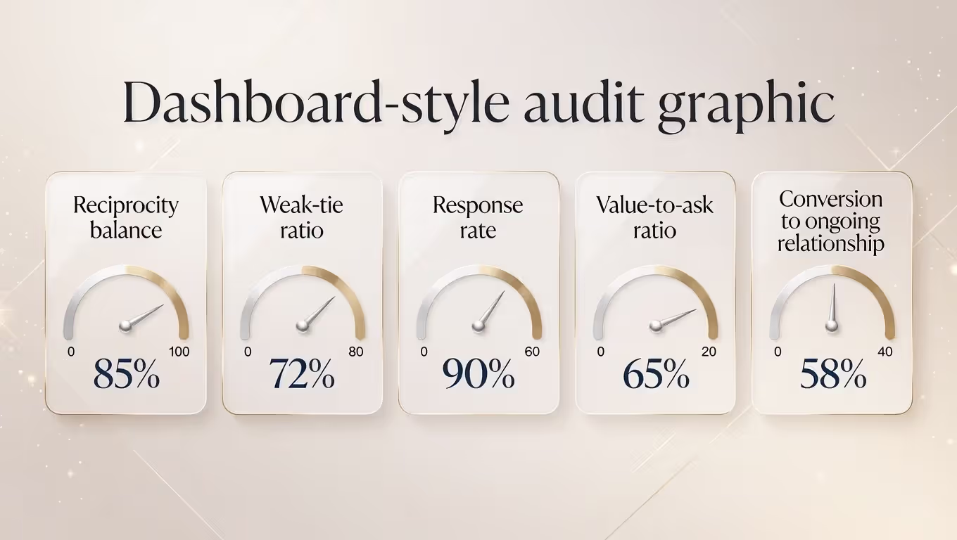 Dashboard graphic showing five metrics for auditing your networking approach.