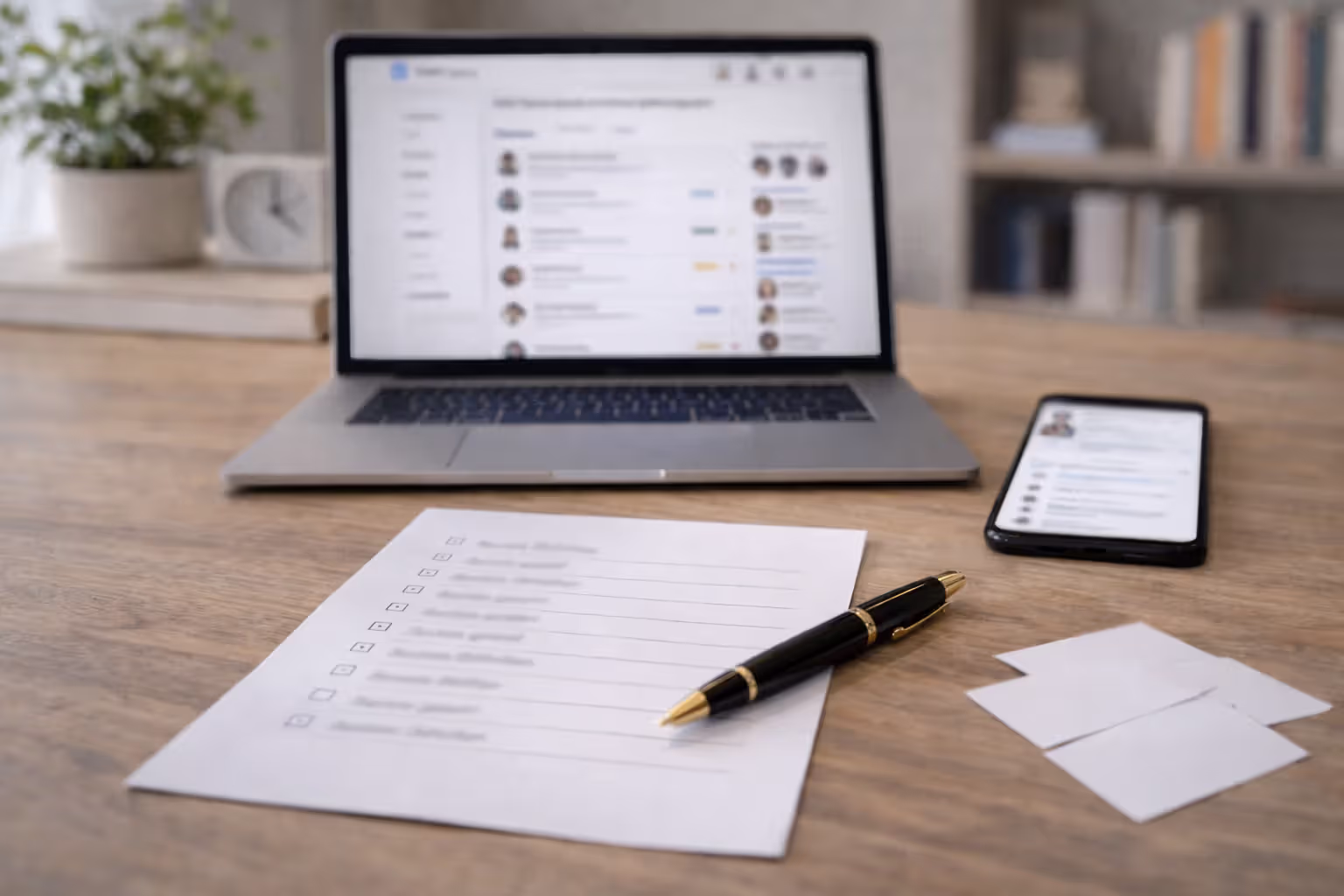 Researching event attendees on a laptop with a phone and a handwritten shortlist