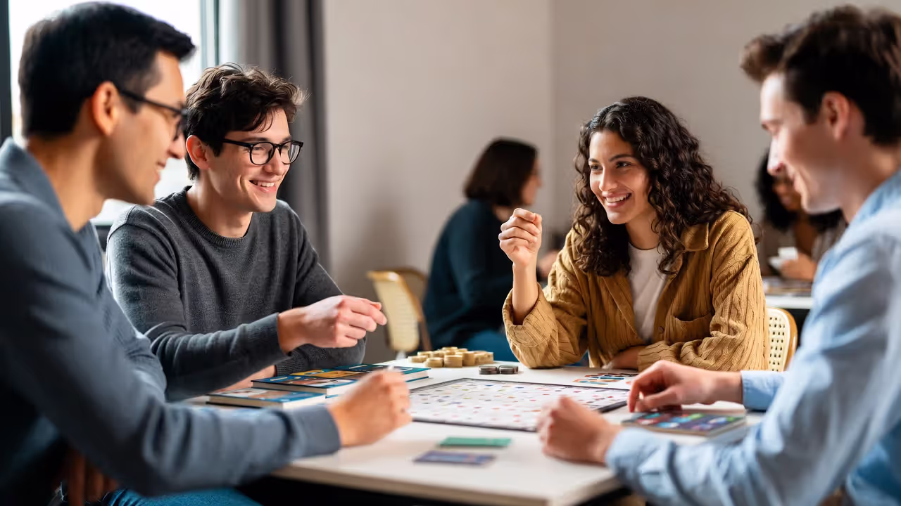 Hobby-based meetup where professionals play a board game and chat around a table